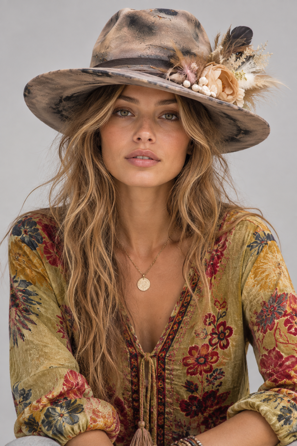 Trestles Clothing Company boho blouse in olive cotton with floral embroidery and tie front, worn with a floral hat.